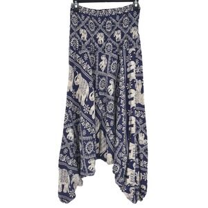 Elephant Print Harem Pants Blue Smocked Waist Boho XL
